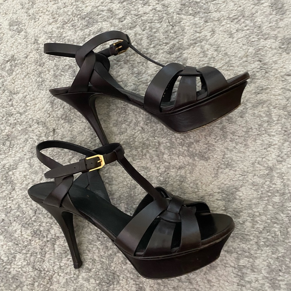 Saint Laurent Paris Dark Brown Leather Tribute Platform Sandlas - Picture 5 of 6